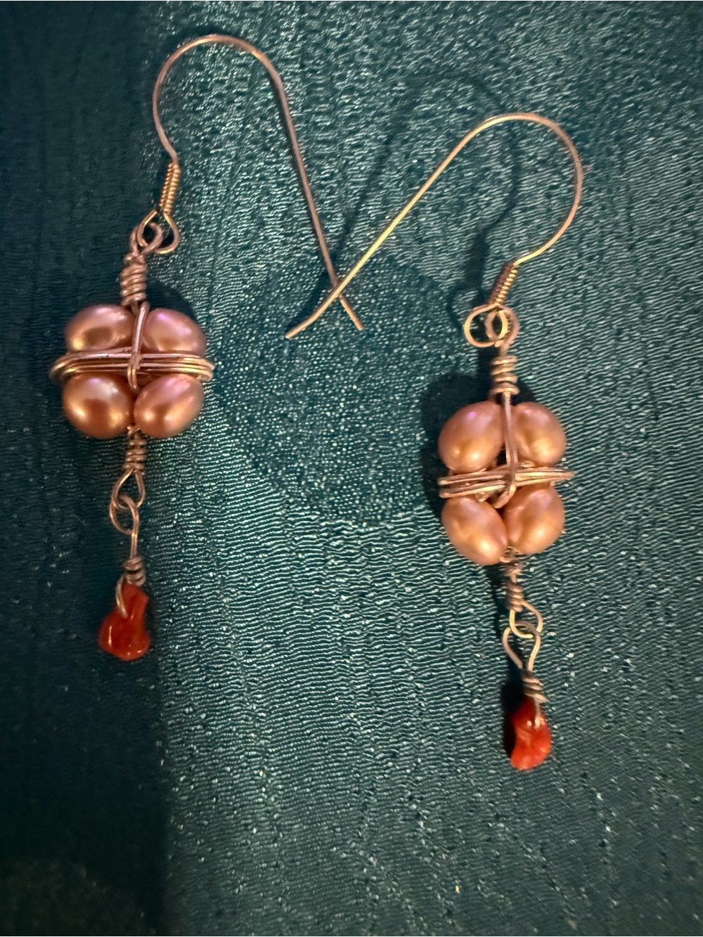 Handmade Pink Pearl Cluster Dangle Earrings with Red Accent